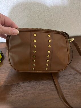 Fossil Tan Leather Crossbody with Gold Studs